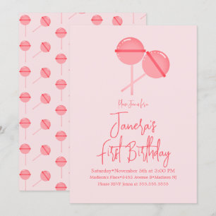 Invitación de cumpleaños con piruleta rosa para el