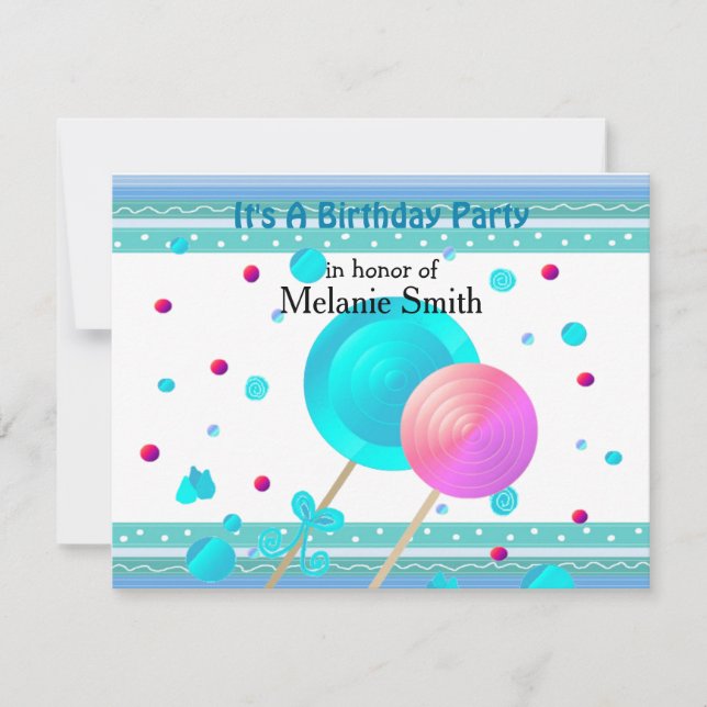 Invitación de cumpleaños con pirulís y dulces (Anverso)