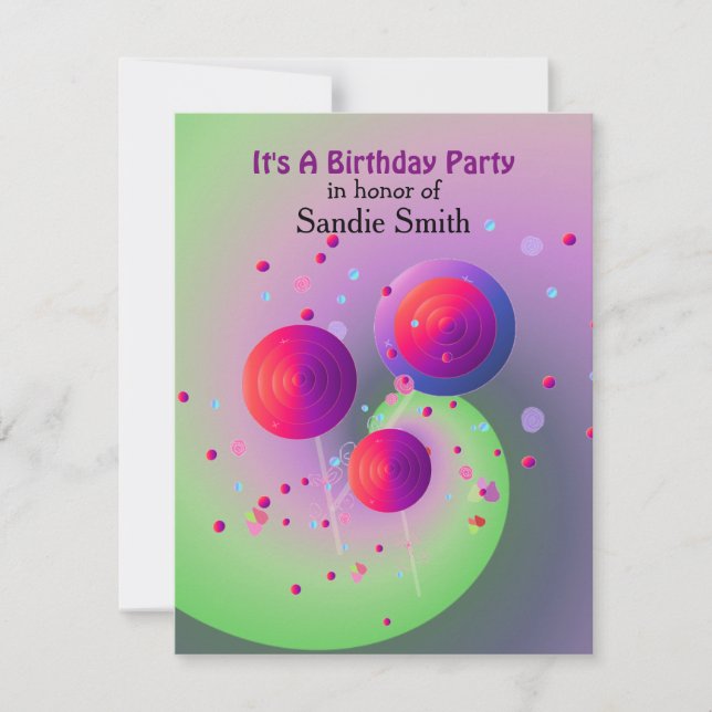 Invitación de cumpleaños con pirulís y dulces (Anverso)