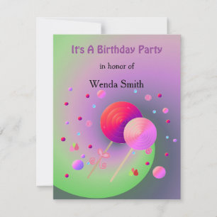 Invitación de cumpleaños con pirulís y dulces