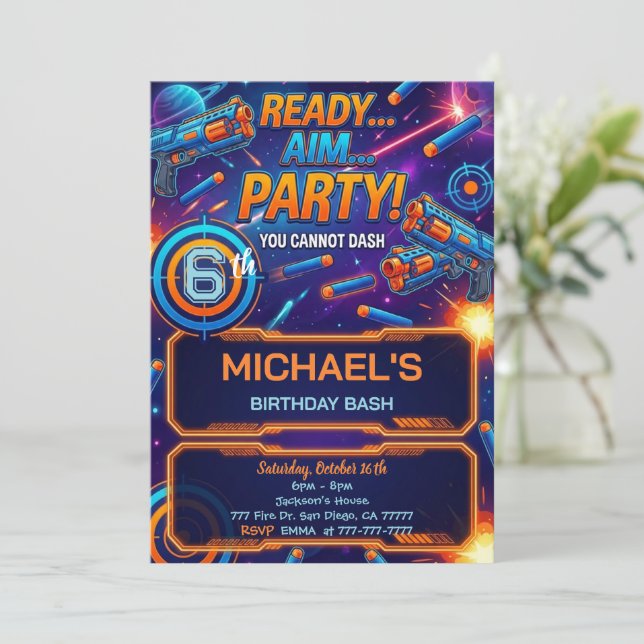 Invitación de cumpleaños con pistola de dardos (Anverso de pie)
