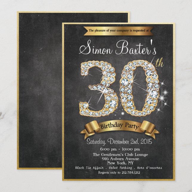 Invitación de cumpleaños con pizarra y diamante do (Anverso / Reverso)