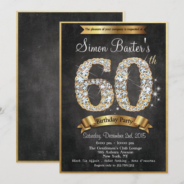 Invitación de cumpleaños con pizarra y diamante do (Anverso / Reverso)