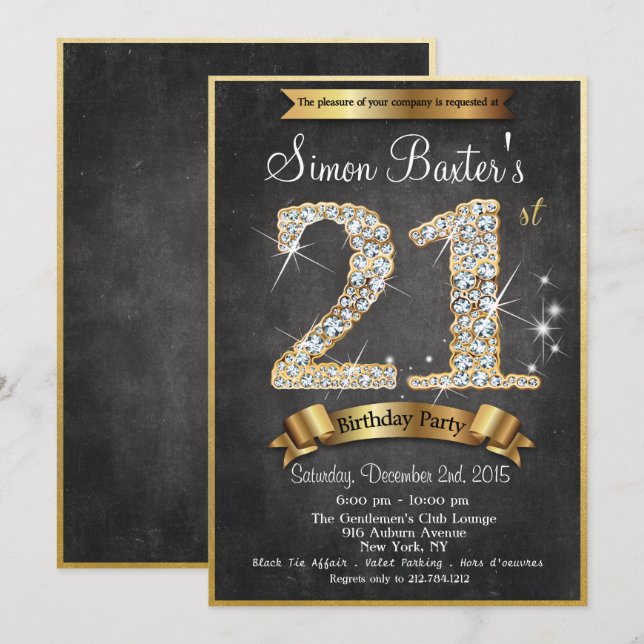 Invitación de cumpleaños con pizarra y diamante do (Anverso / Reverso)