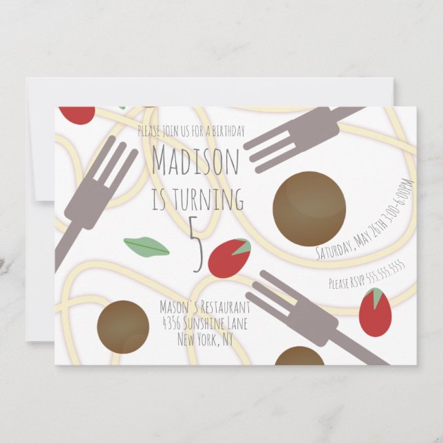 Invitación de cumpleaños con plato de pasta Spaghe (Anverso)