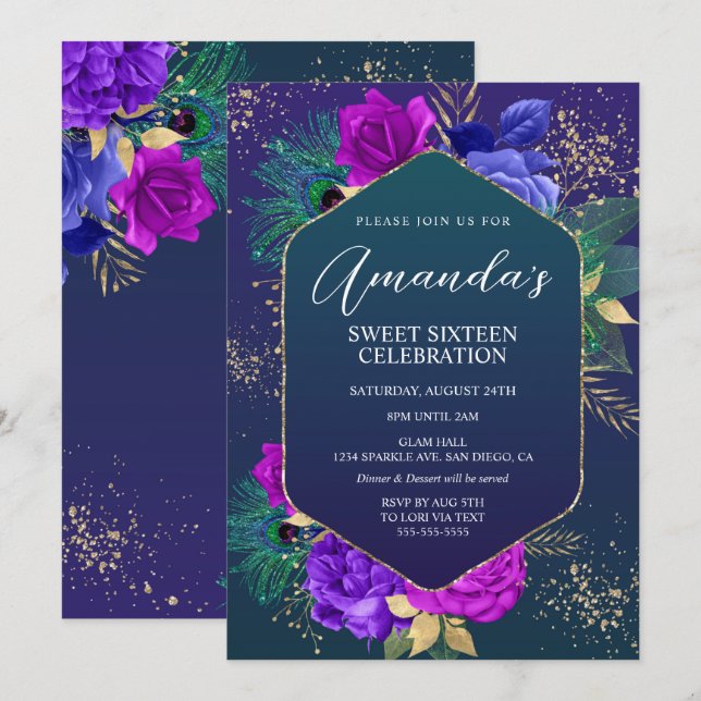 Invitación de cumpleaños con plumas de pavo real y (Anverso / Reverso)