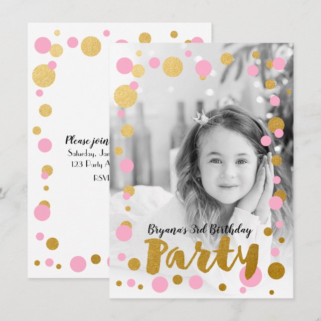 Invitación de cumpleaños con puntos rosados y dora (Anverso / Reverso)