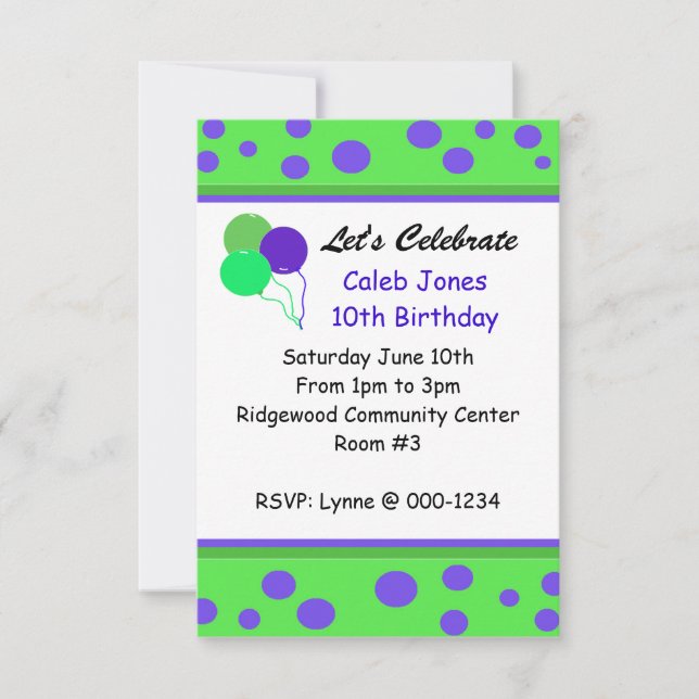 Invitación de cumpleaños con puntos y globos capri (Anverso)
