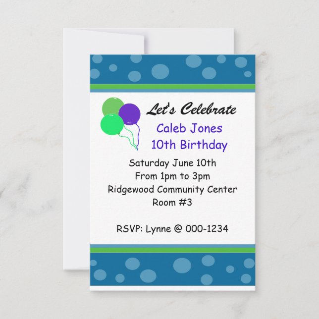 Invitación de cumpleaños con puntos y globos capri (Anverso)