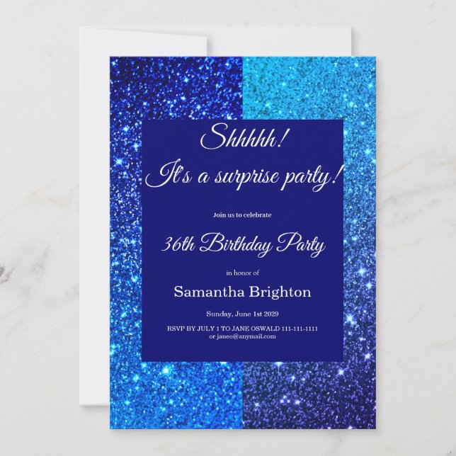 Invitación de cumpleaños con purpurina azul (Anverso)