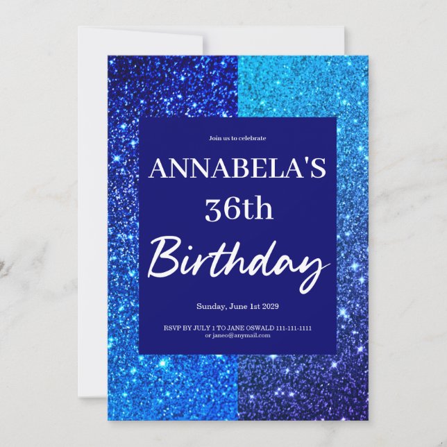 Invitación de cumpleaños con purpurina azul (Anverso)