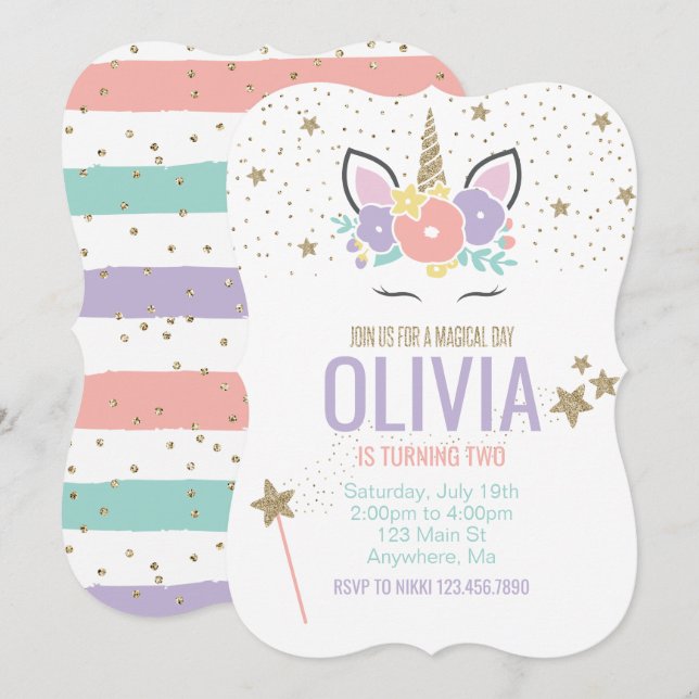 Invitación de cumpleaños con purpurina dorada rosa (Anverso / Reverso)