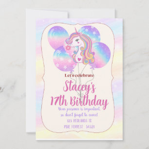 Invitación de cumpleaños con purpurina y globos de