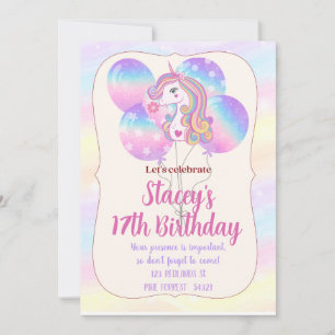 Invitación de cumpleaños con purpurina y globos de