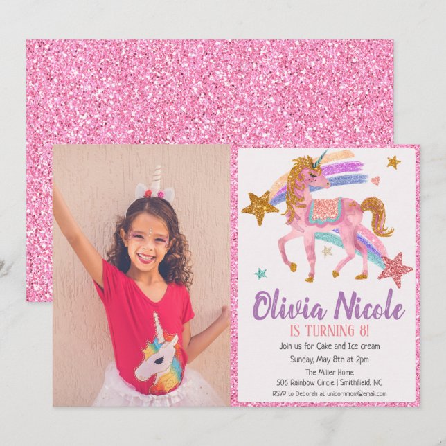 Invitación de cumpleaños con purpurina y unicornio (Anverso / Reverso)