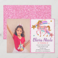 Invitación de cumpleaños con purpurina y unicornio
