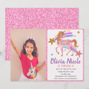Invitación de cumpleaños con purpurina y unicornio