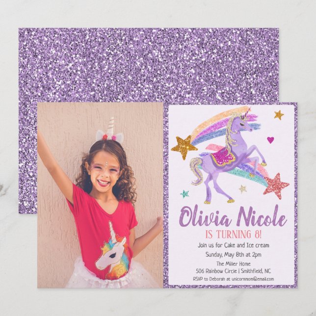 Invitación de cumpleaños con purpurina y unicornio (Anverso / Reverso)