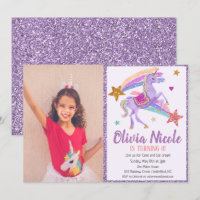 Invitación de cumpleaños con purpurina y unicornio