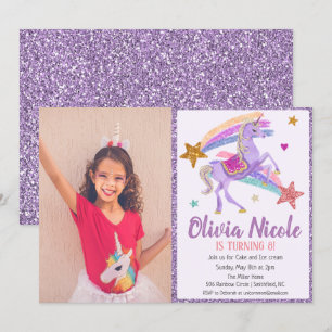 Invitación de cumpleaños con purpurina y unicornio