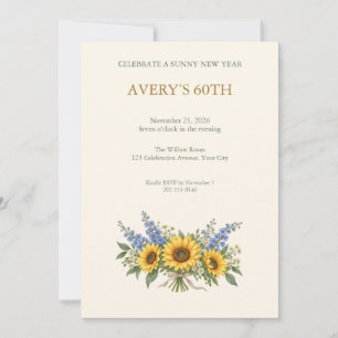 Invitación de cumpleaños con ramo azul de girasole