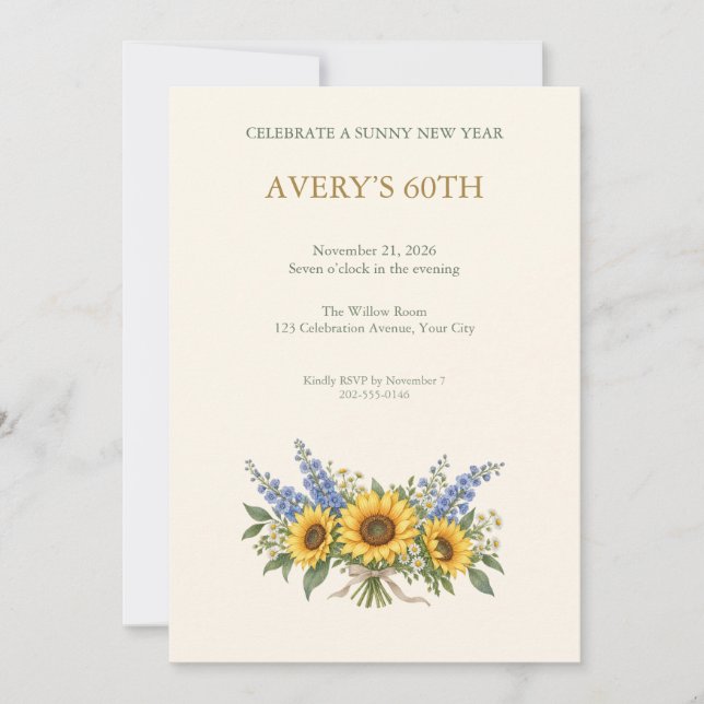 Invitación de cumpleaños con ramo azul de girasole (Anverso)