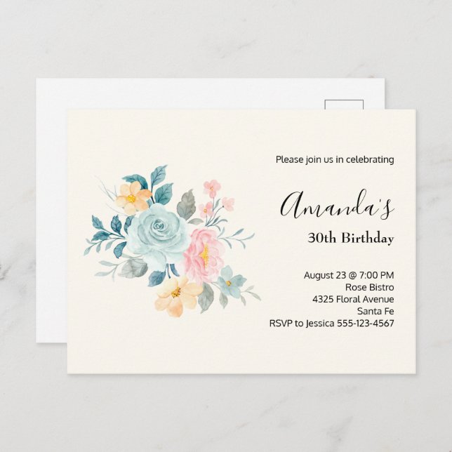 Invitación de cumpleaños con ramo de flores rosas  (Anverso / Reverso)
