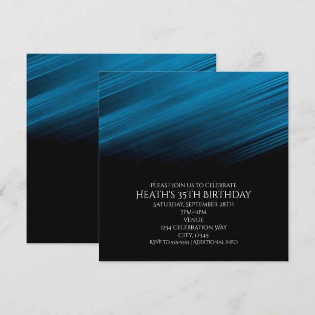 Invitación de cumpleaños con rayas azules y negras (Anverso / Reverso)