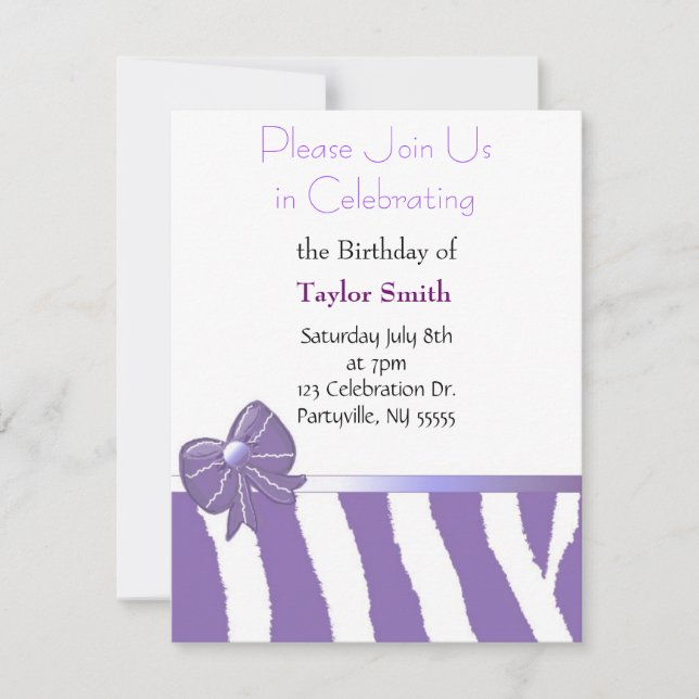 Invitación de cumpleaños con rayas de cebra púrpur (Anverso)