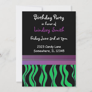 Invitación de cumpleaños con rayas de cebra verdes