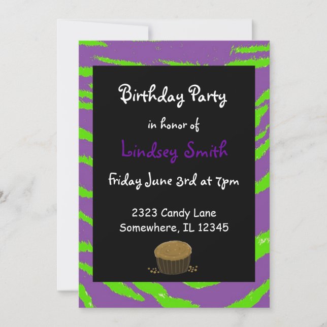Invitación de cumpleaños con rayas de tigre púrpur (Anverso)