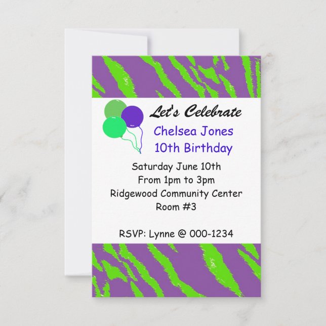Invitación de cumpleaños con rayas de tigre púrpur (Anverso)