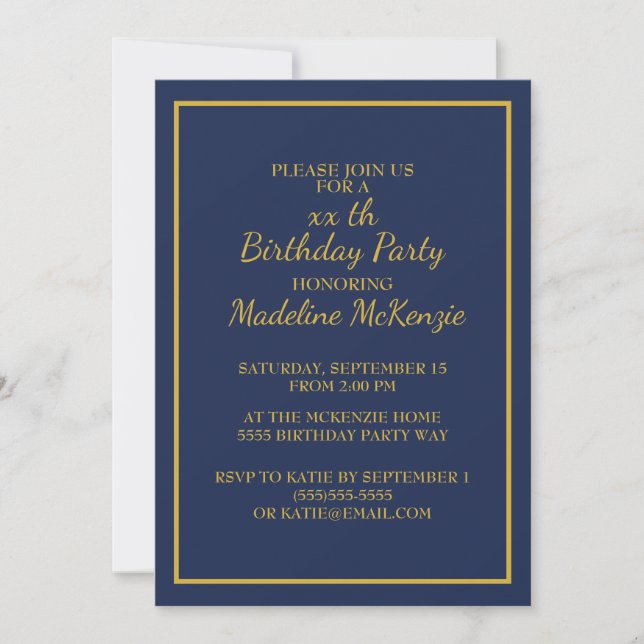 Invitación de cumpleaños con rayas doradas y azul  (Anverso)