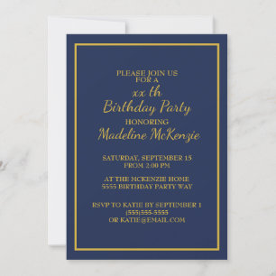 Invitación de cumpleaños con rayas doradas y azul