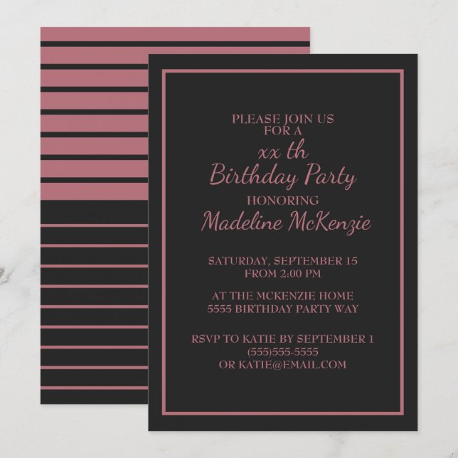 Invitación de cumpleaños con rayas doradas y rosa  (Anverso / Reverso)