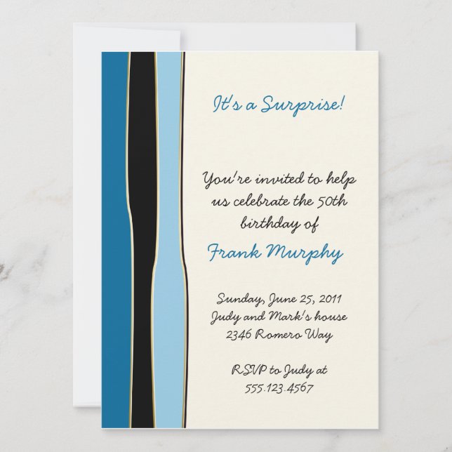 Invitación de cumpleaños con rayas negras y azules (Anverso)