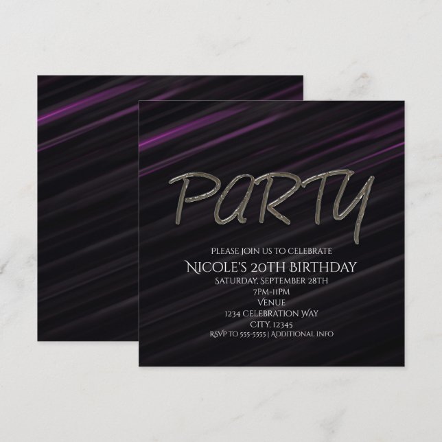 Invitación de cumpleaños con rayas negras y púrpur (Anverso / Reverso)