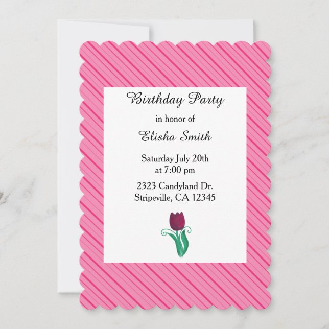 Invitación de cumpleaños con rayas rosadas y tulip (Anverso)