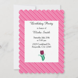 Invitación de cumpleaños con rayas rosadas y tulip