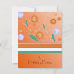 Invitación de cumpleaños con rayas y flores naranj