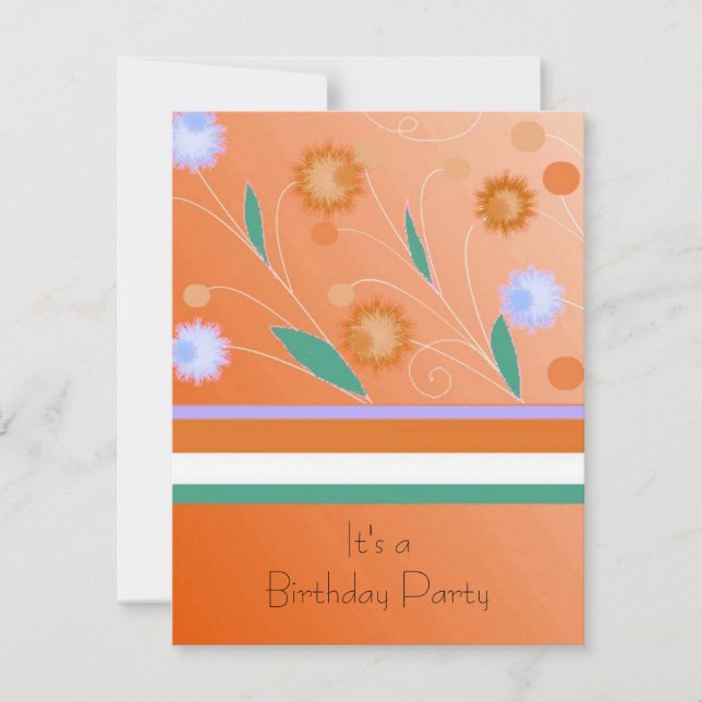Invitación de cumpleaños con rayas y flores naranj (Anverso)