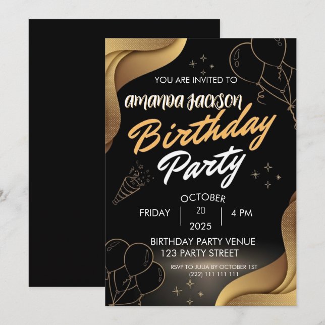 Invitación de cumpleaños con remolino de oro negro (Anverso / Reverso)