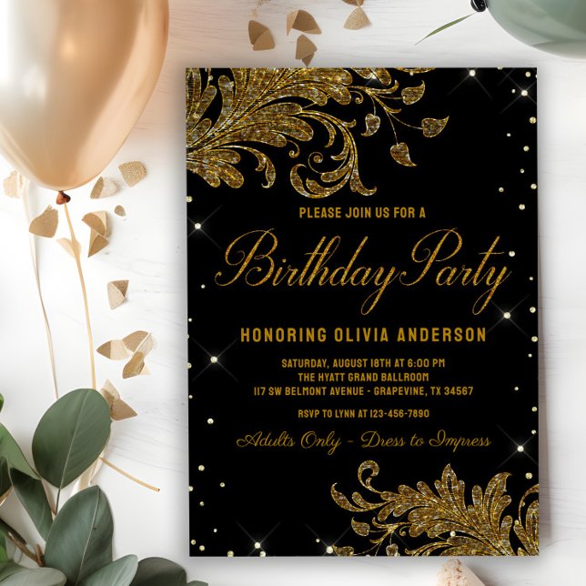 Invitación de cumpleaños con remolino de oro para  (Elegant black and gold any number birthday party invitation. Simply add your event details.)