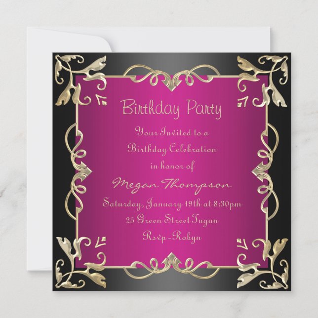 Invitación de cumpleaños con remolino negro/oro y  (Anverso)