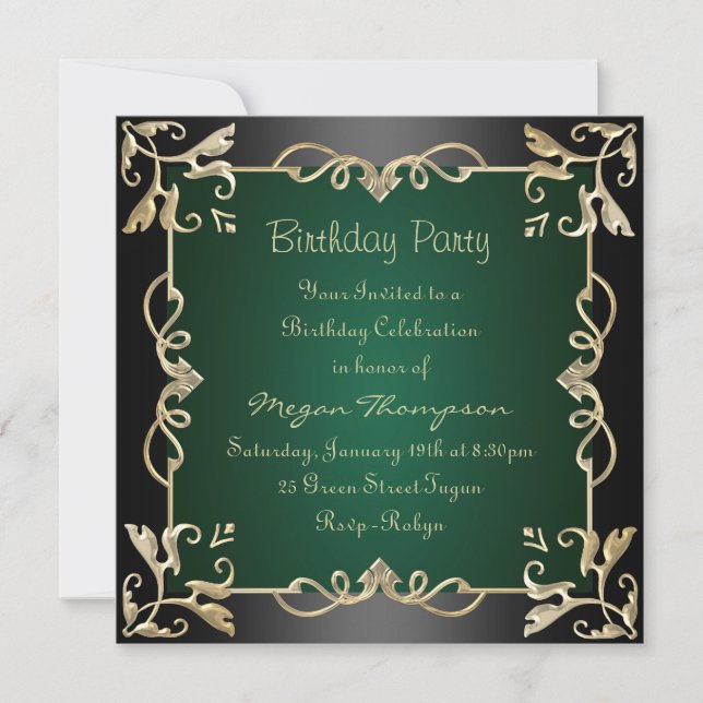 Invitación de cumpleaños con remolino negro/oro y  (Anverso)