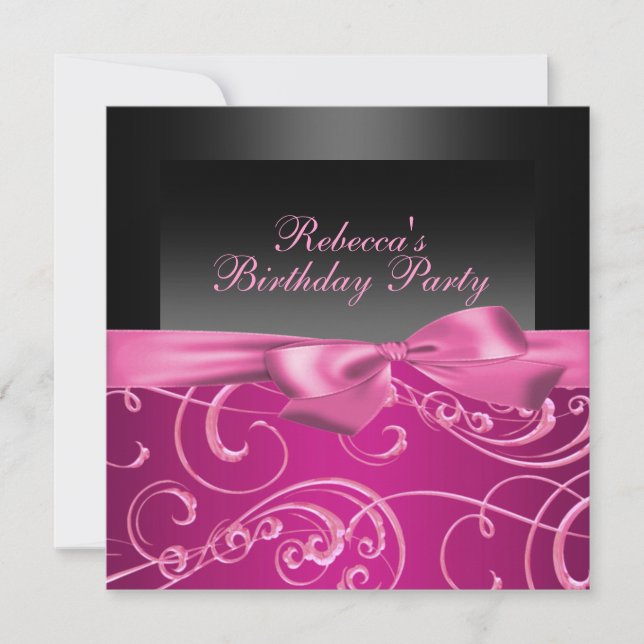 Invitación de cumpleaños con remolinos rosados de  (Anverso)