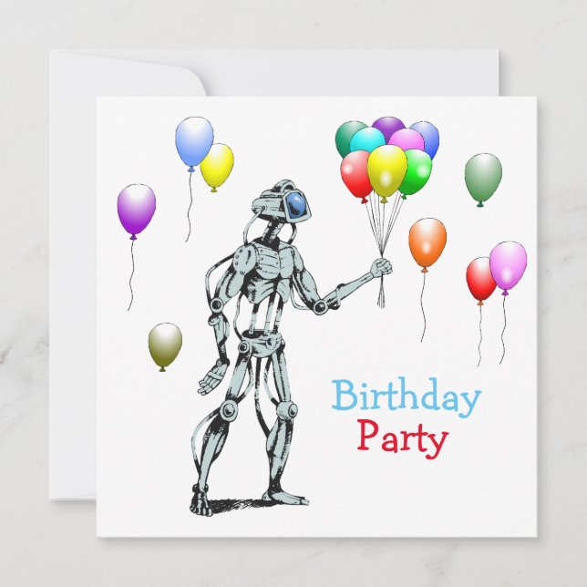 Invitación de cumpleaños con robot y globos (Anverso)