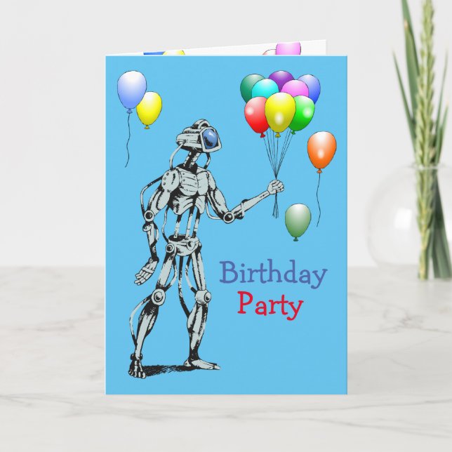 Invitación de cumpleaños con robot y globos (Anverso)