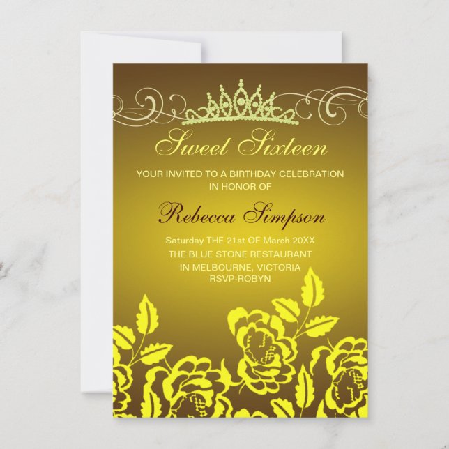Invitación de cumpleaños con rosa amarilla y tiara (Anverso)