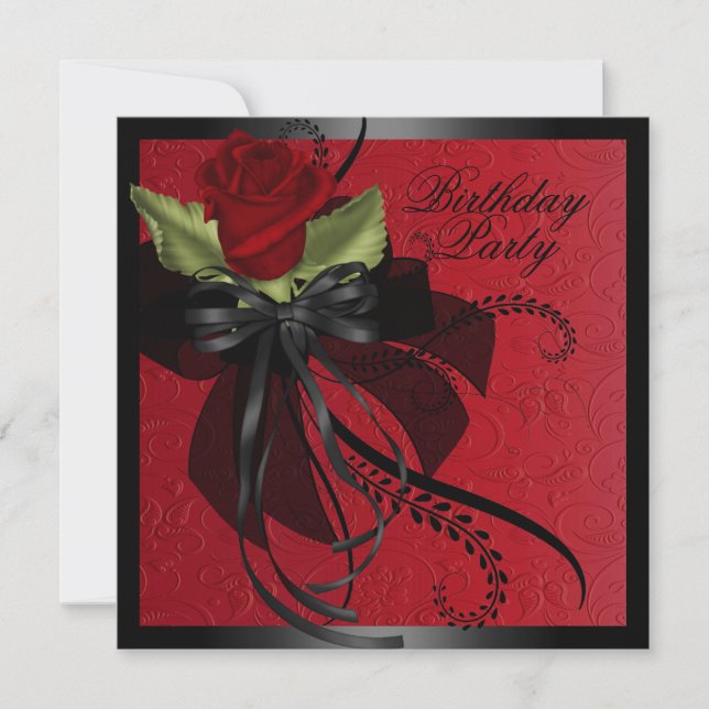 Invitación de cumpleaños con rosa roja y negra (Anverso)